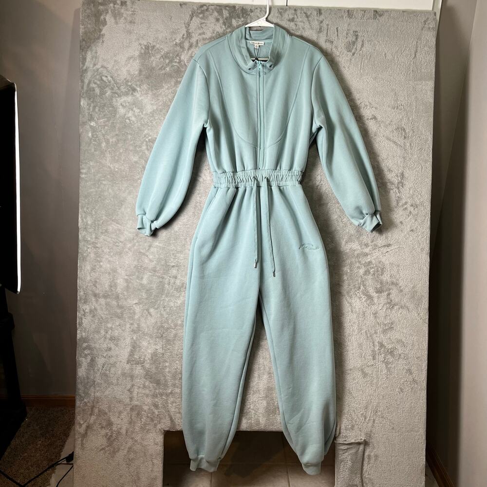 For Love & Lemons Mint Blue Zip Front Lounge Jumpsuit Cinched Waist Athleisure M